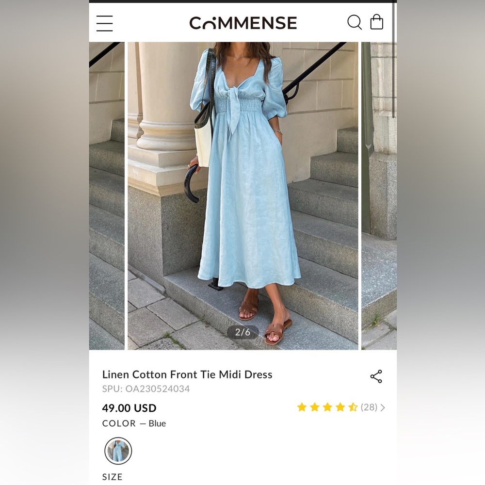 Light Blue Linen Cotton Front Tie Midi Dress